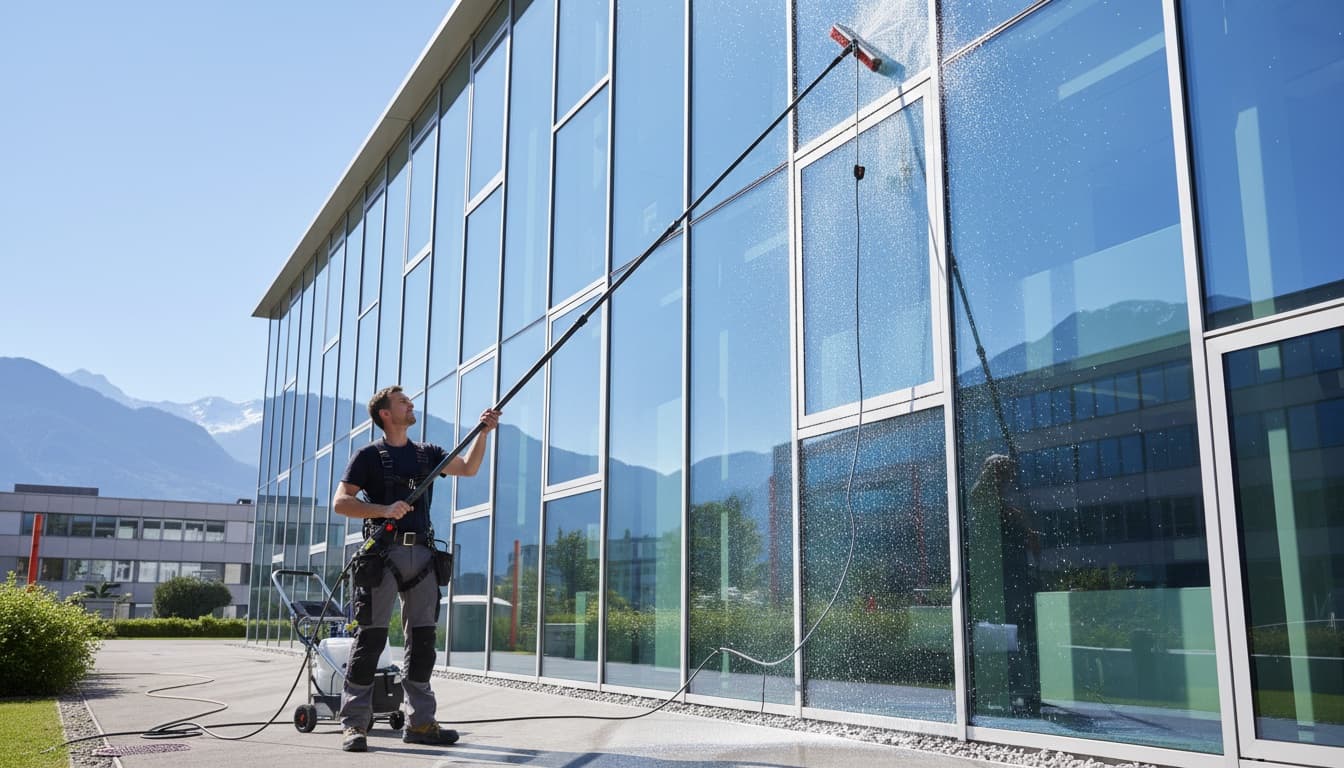 Nettoyage de vitres à la perche télescopique sur une façade vitrée