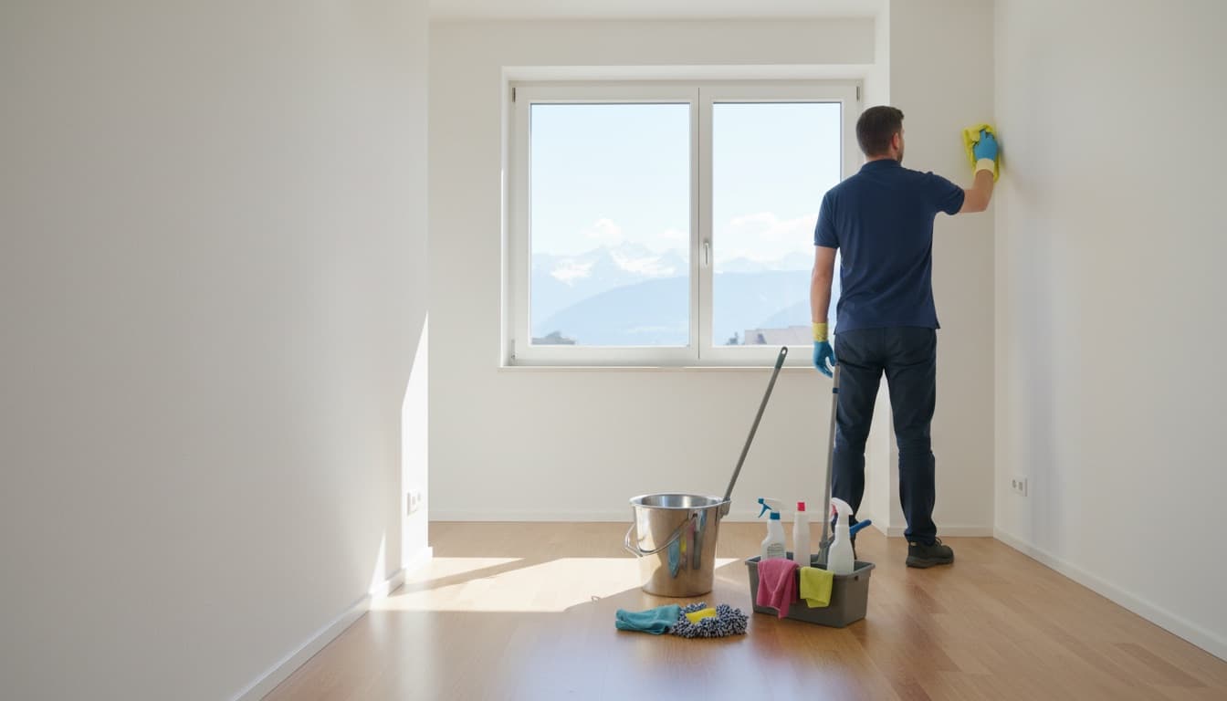 Nettoyeur professionnel en intervention dans un appartement lumineux