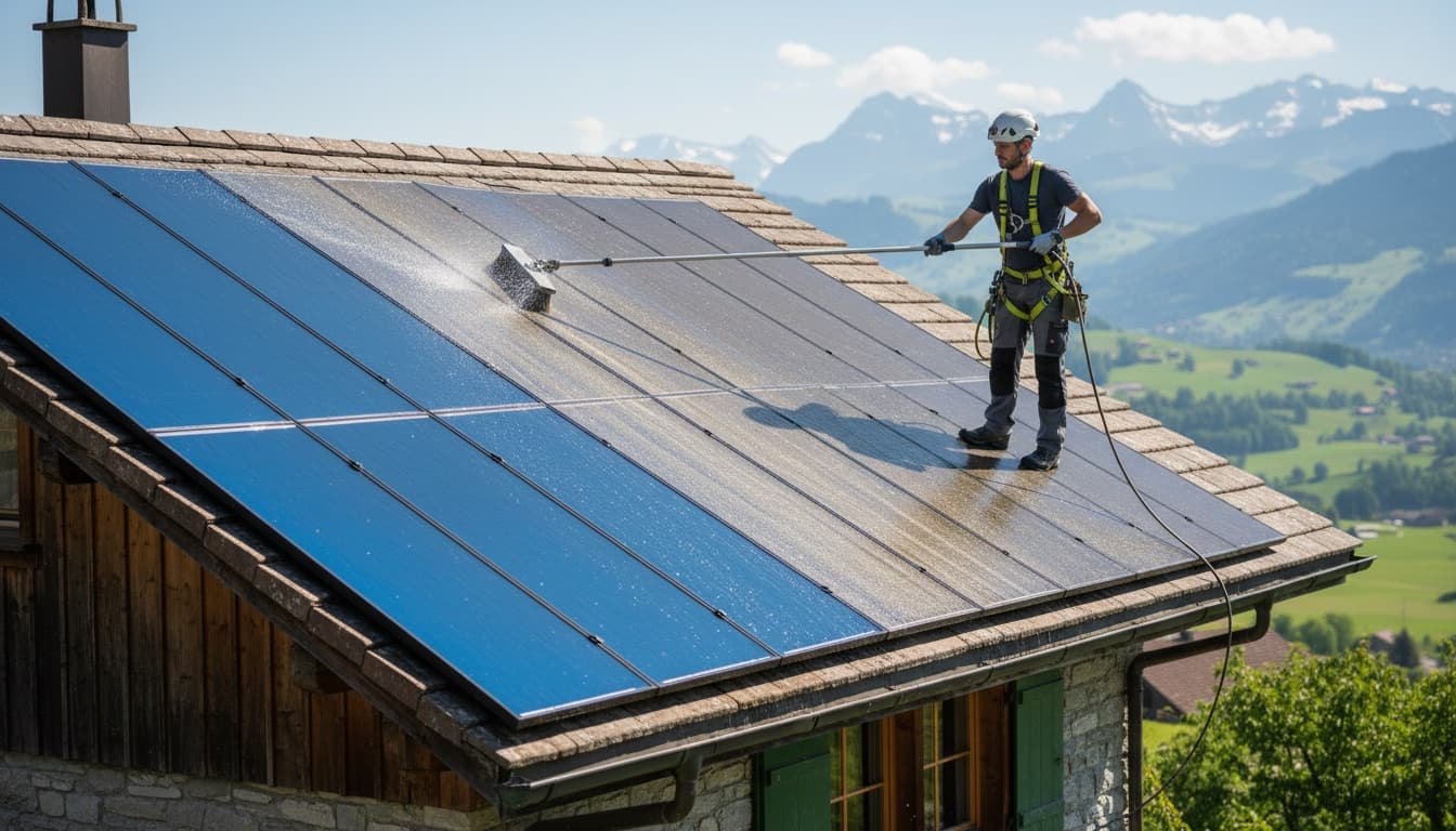 Panneaux solaires nettoyés sur un toit suisse