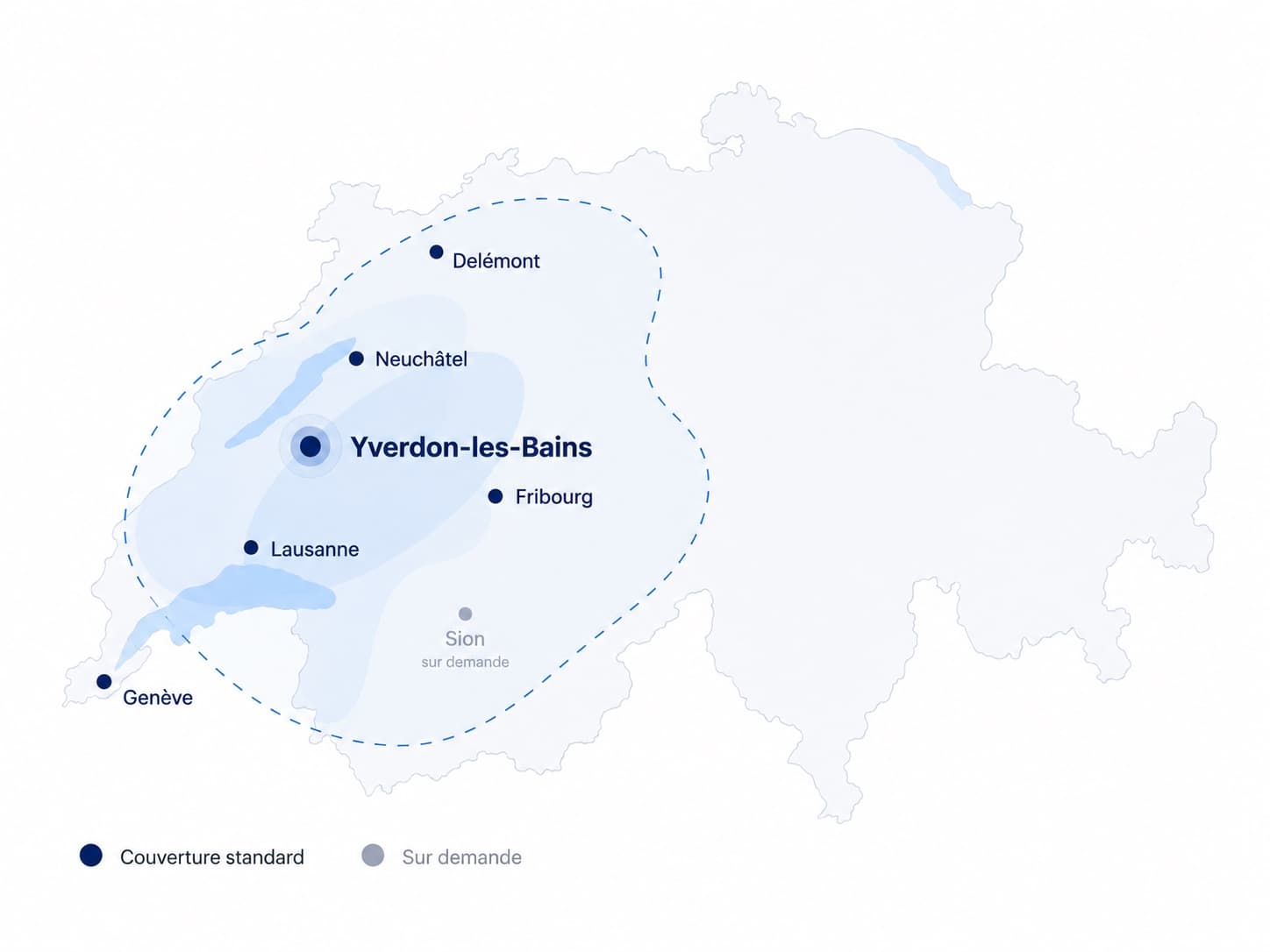Carte de la zone d'intervention : Vaud, Fribourg, Neuchâtel, Jura et Genève, depuis Yverdon-les-Bains. Valais sur demande.